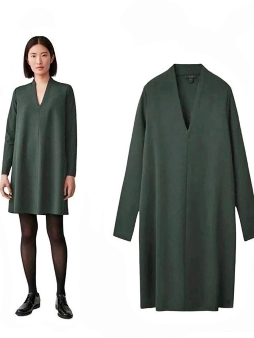 COS V-Neck Tunic Dress Long Sleeve Mini Green M